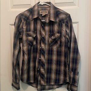 Boys xl red river pearls snap long sleeve plaid shirt